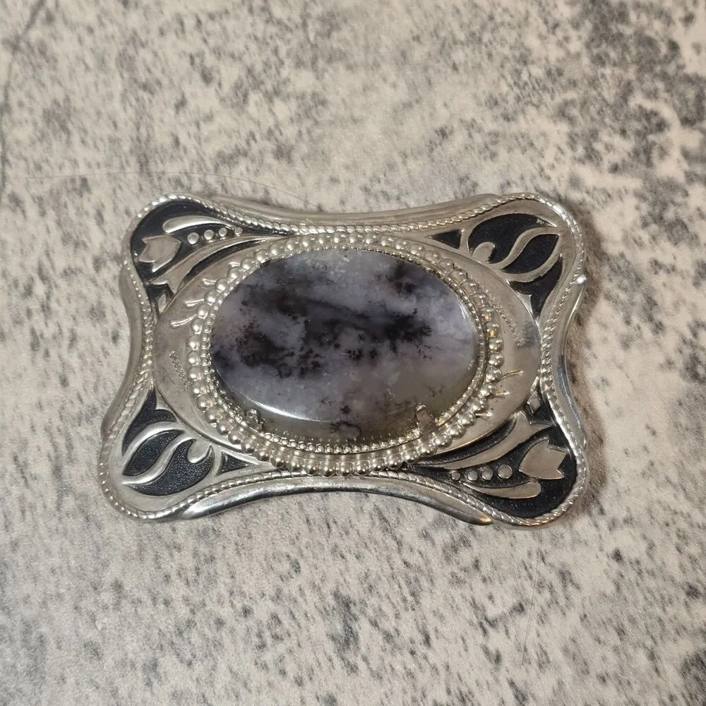 Vintage Belt Buckle black stone center metal tulip geometric men women silver